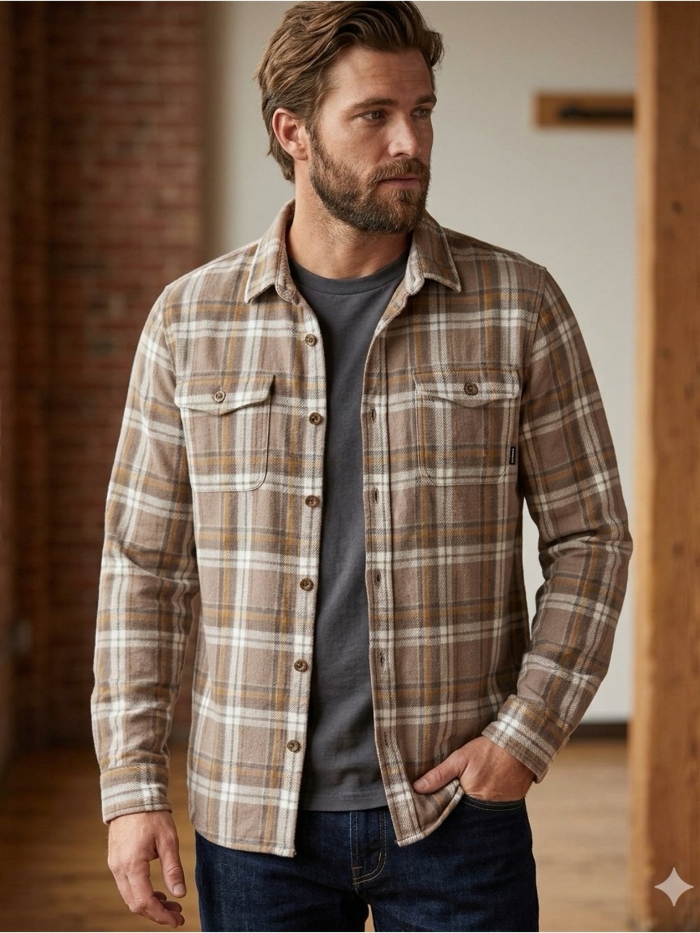 O'Neill Brown & White Plaid flannel button down Shirt Jacket size M